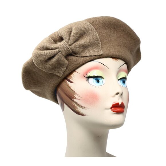 Hey Viv Accessories - Camel Wool Beret w Bow Warm and Stylish for Church, Dress or Going Out - Hey Viv